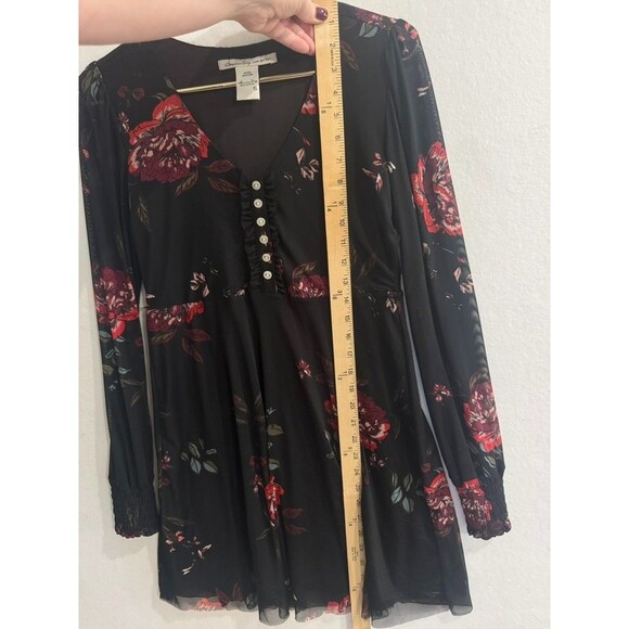 American Rag Black Red Floral Mini Dress Sheer Long Sleeve Boho Romantic Size S - Picture 13 of 14